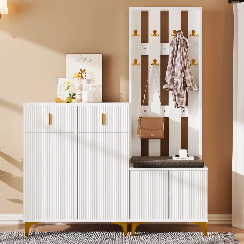 Set Ingresso con Scarpiera, Panca con Cuscino, Appendiabiti e Cassetti ¨C MINIMAL ¨C Bianco
