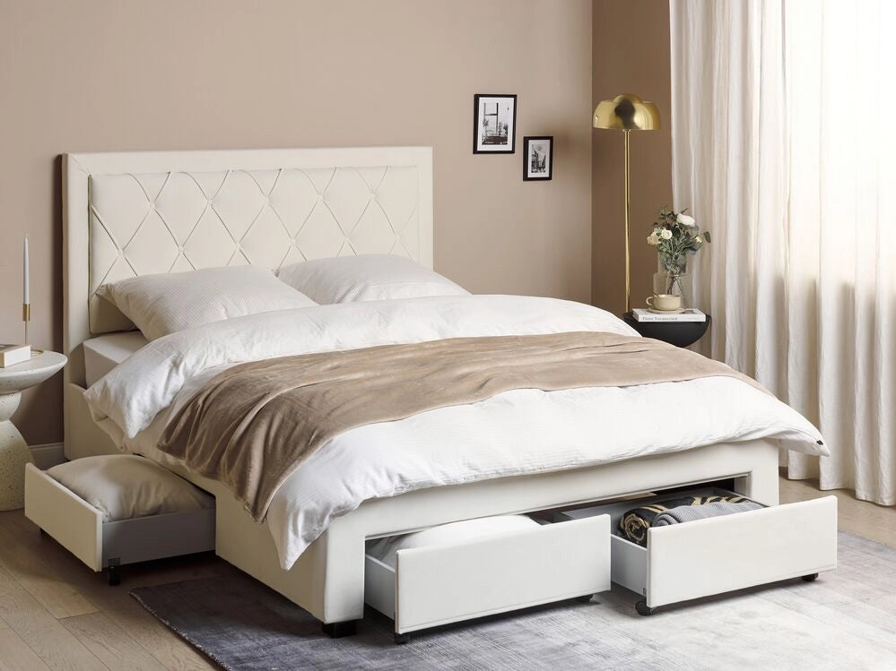Letto matrimoniale contenitore tappezzeria in velluto beige 160 x 200 cm trapuntato testiera alta cassetti Glam Design