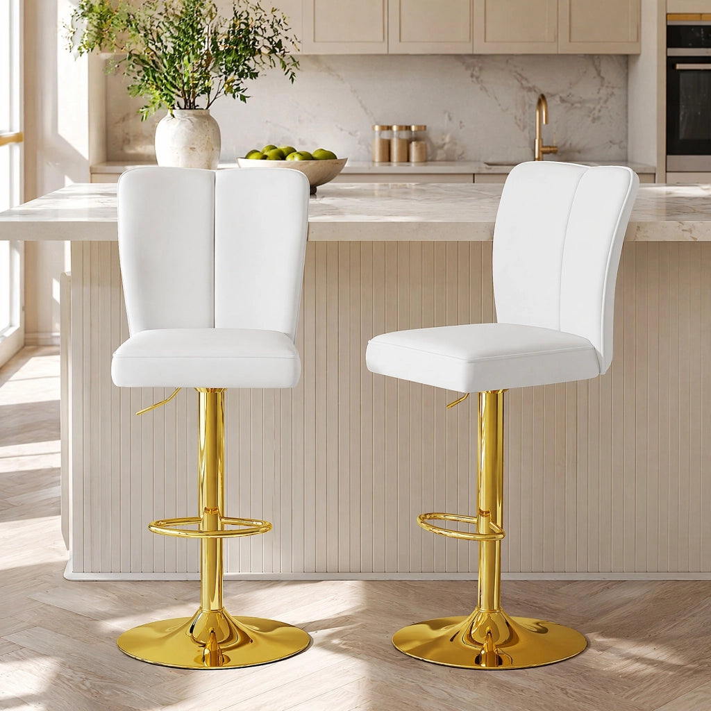 Sgabello da bar regolabile in altezza 2 pezzi, girevole a 360°, design bianco e oro in PU pelle, per cucina e isola snack