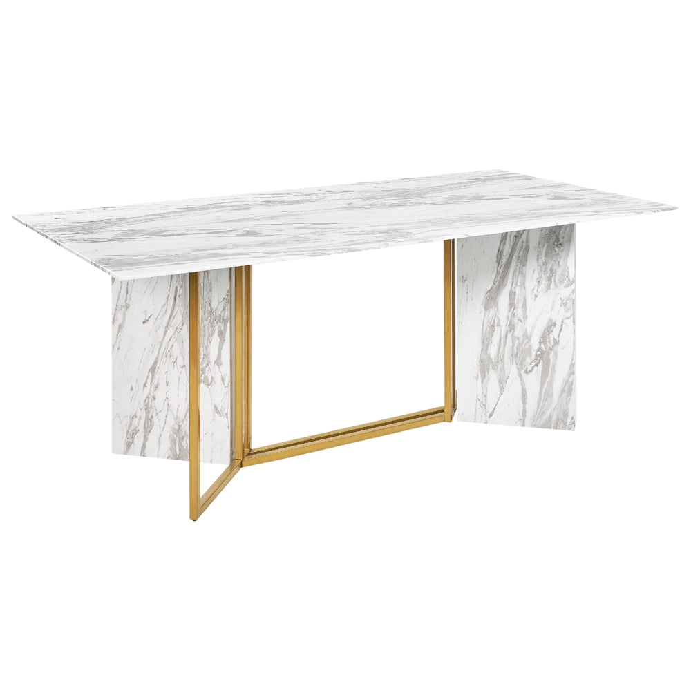 Tavolo da pranzo moderno e glamour in MDF con piano in vetro effetto marmo gambe in metallo dorato 8 posti 100 x 200 cm soggiorno cucina