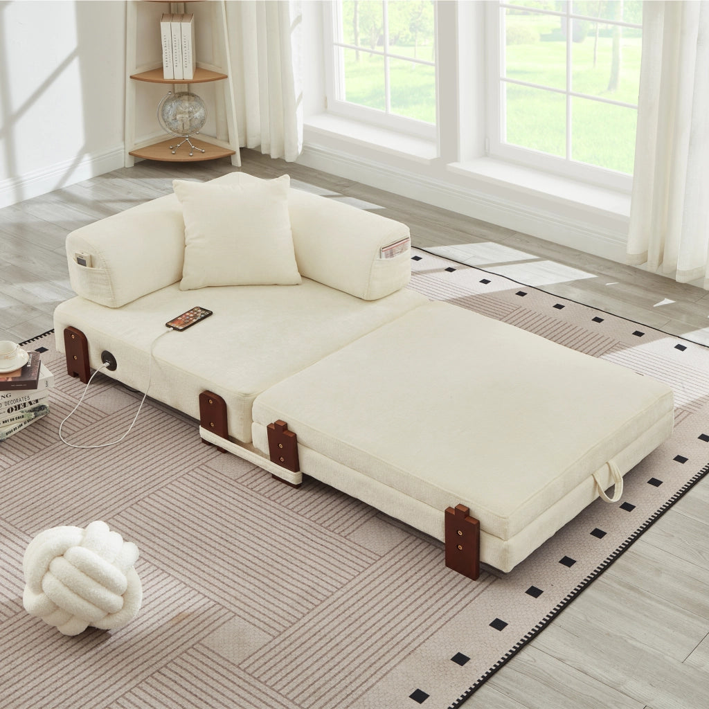 Divano letto pieghevole 2 in 1 con funzione letto e porte USB e Type-C con tasche portaoggetti in tessuto beige