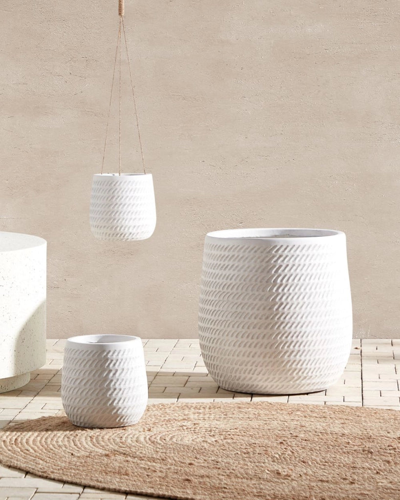 Vaso rotondo per piante in fibra di argilla con motivo in rilievo bianco sporco ⌀ 39 cm giardino terrazzo
