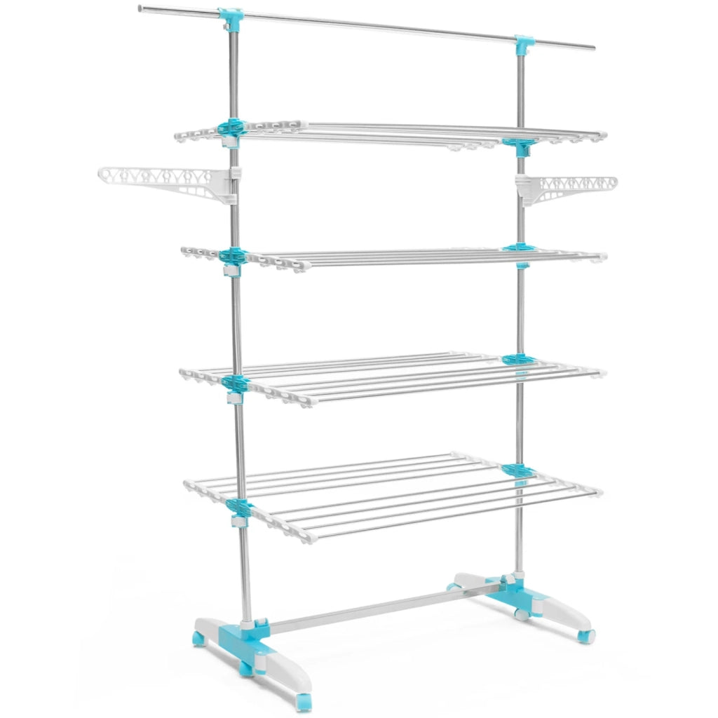 IDMarket - Stendibiancheria bianco/blu regolabile a 4 livelli XXL + barra telescopica