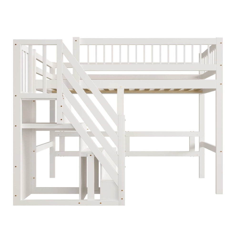 Letto singolo rialzato 90x200 cm con scala contenitore in pino, compensato e MDF bianco