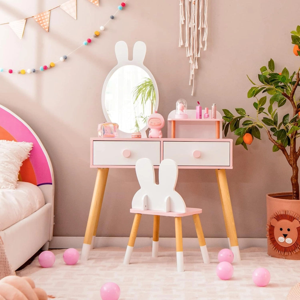 Toeletta Trucco 2 in 1 per Bambina, Specchiera a Forma di Coniglio Staccabile per Ragazza in Legno con Sgabello, Ripiano e 2 Cassetti, Postazione Trucco, 78 x 37 x 110cm (Bianco)