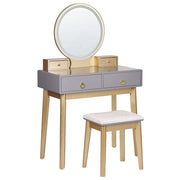 Toeletta in legno MDF e poliestere 4 cassetti grigia e dorata con sgabello e specchio LED camera da letto soggiorno
