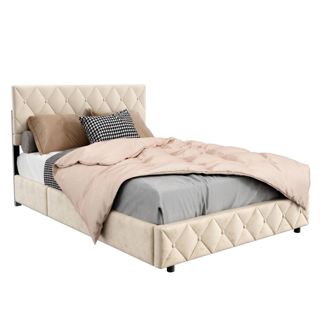 Letto matrimoniale imbottito 140x200 cm beige in velluto con rete a doghe e struttura in MDF, compensato e ferro