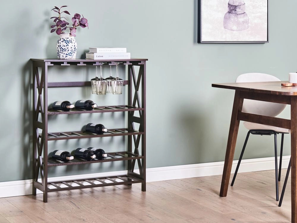 Portabottiglie classico in MDF marrone scuro elegante con gambe legno di pino