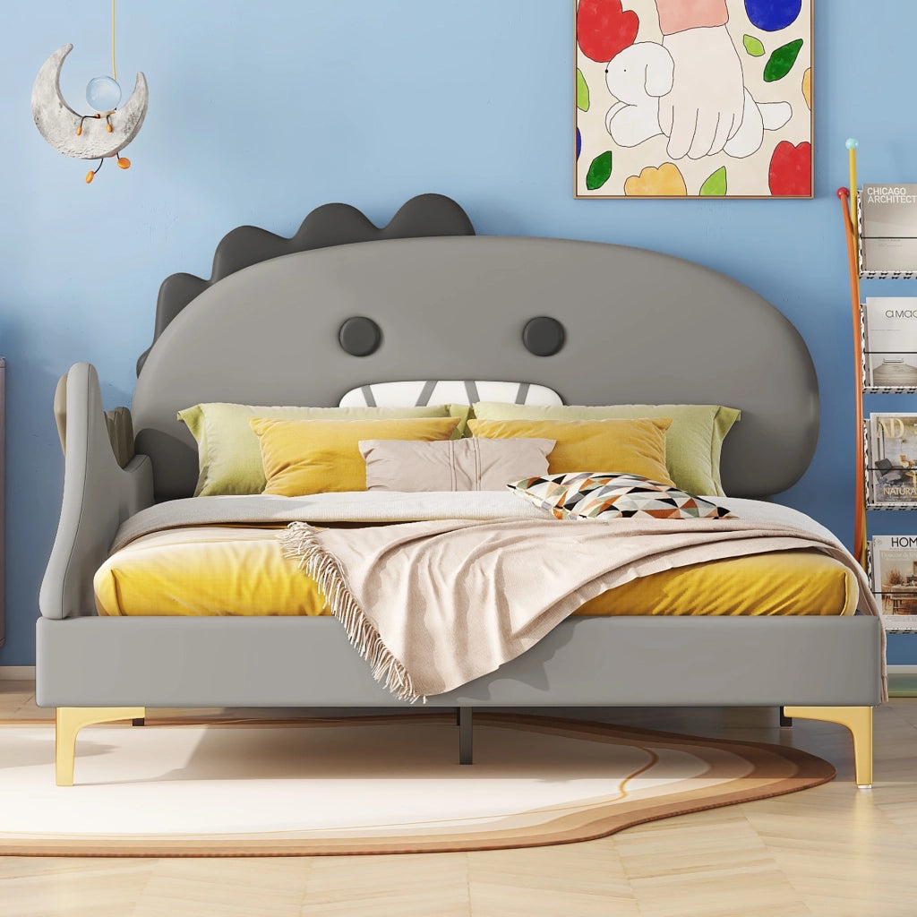 Letto basso per bambini grigio con testiera a forma di dinosauro in PU 140x200 cm