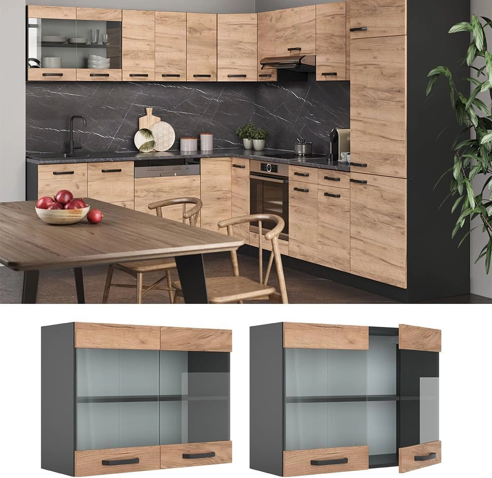 Mobile da cucina in vetro R-Line, Quercia dorata, 80 cm, per la libera combinazione all'interno di sistemi cucina modulari
