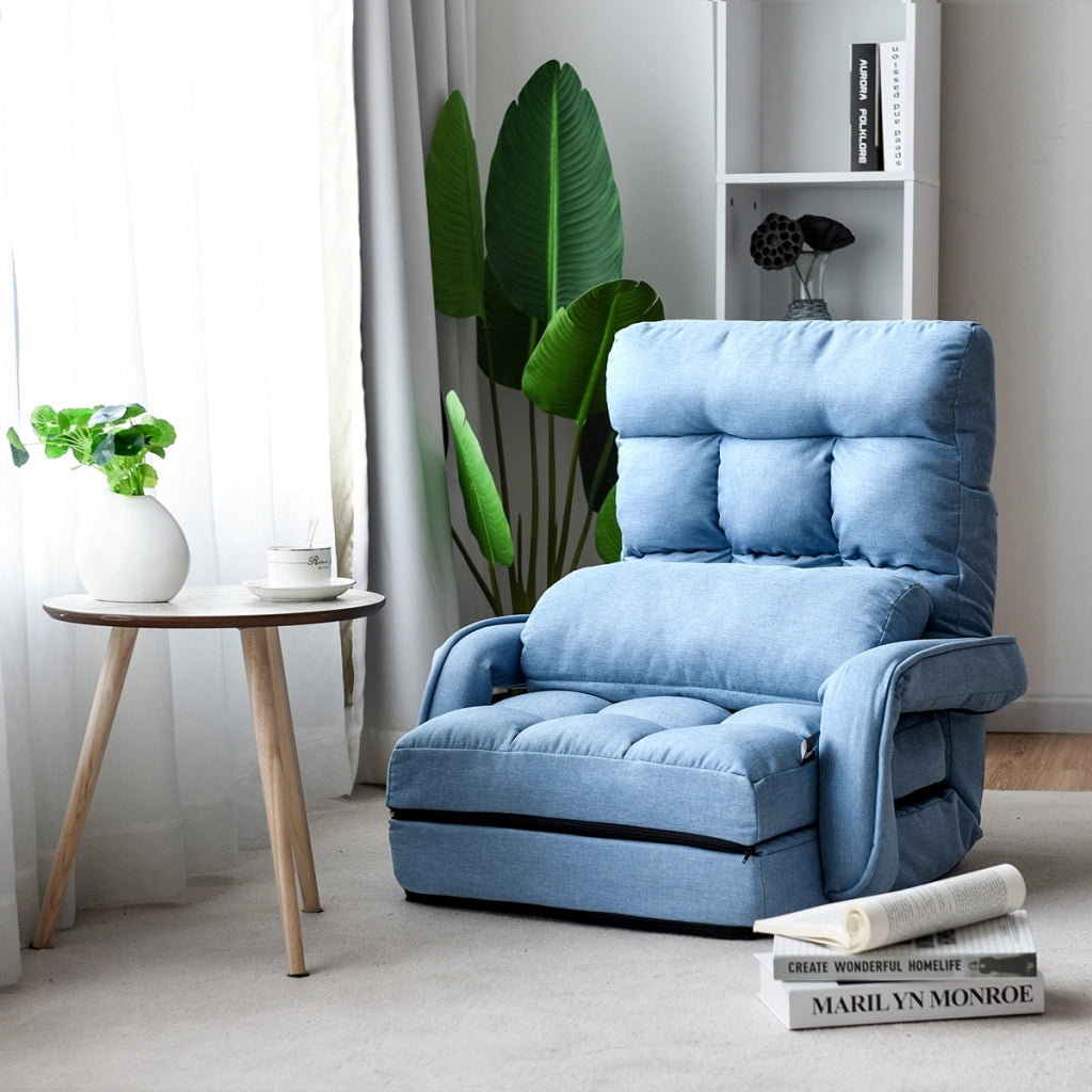 Divano letto in tessuto regolabile in 5 livelli con braccioli e cuscino pieghevole da terra, 173x67x12cm Blu-Divani letto
