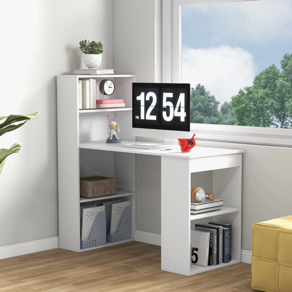 Scrivania per computer da 122cm con libreria, Postazione di studio moderna compatta con 6 ripiani Bianco