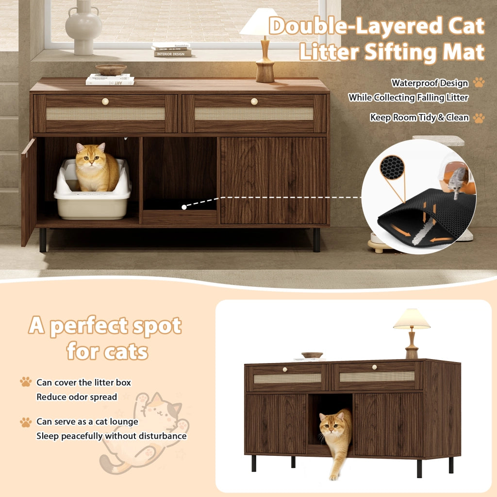 Mobile lettiera per gatti con doppie ante cassetto e tappetino raccogli lettiera per soggiorno noce 120 × 50 × 65 cm