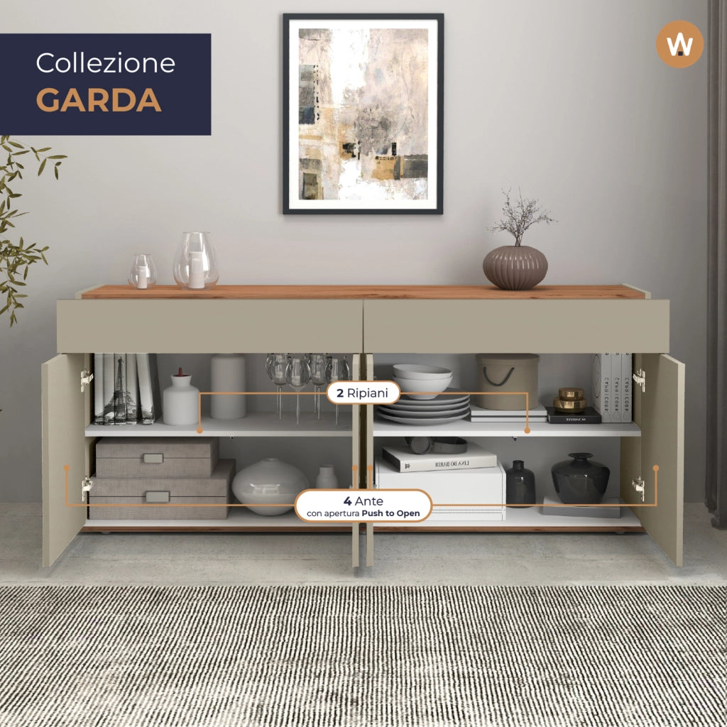 WHOUS Credenza Garda 4 ante e 2 cassetti tortora opaco e rovere 160,1x35x70 cm