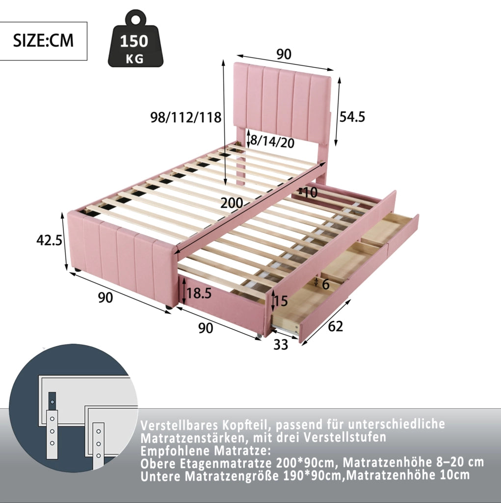 Letto imbottito singolo 90x200 cm con letto estraibile e 3 cassetti; rosa