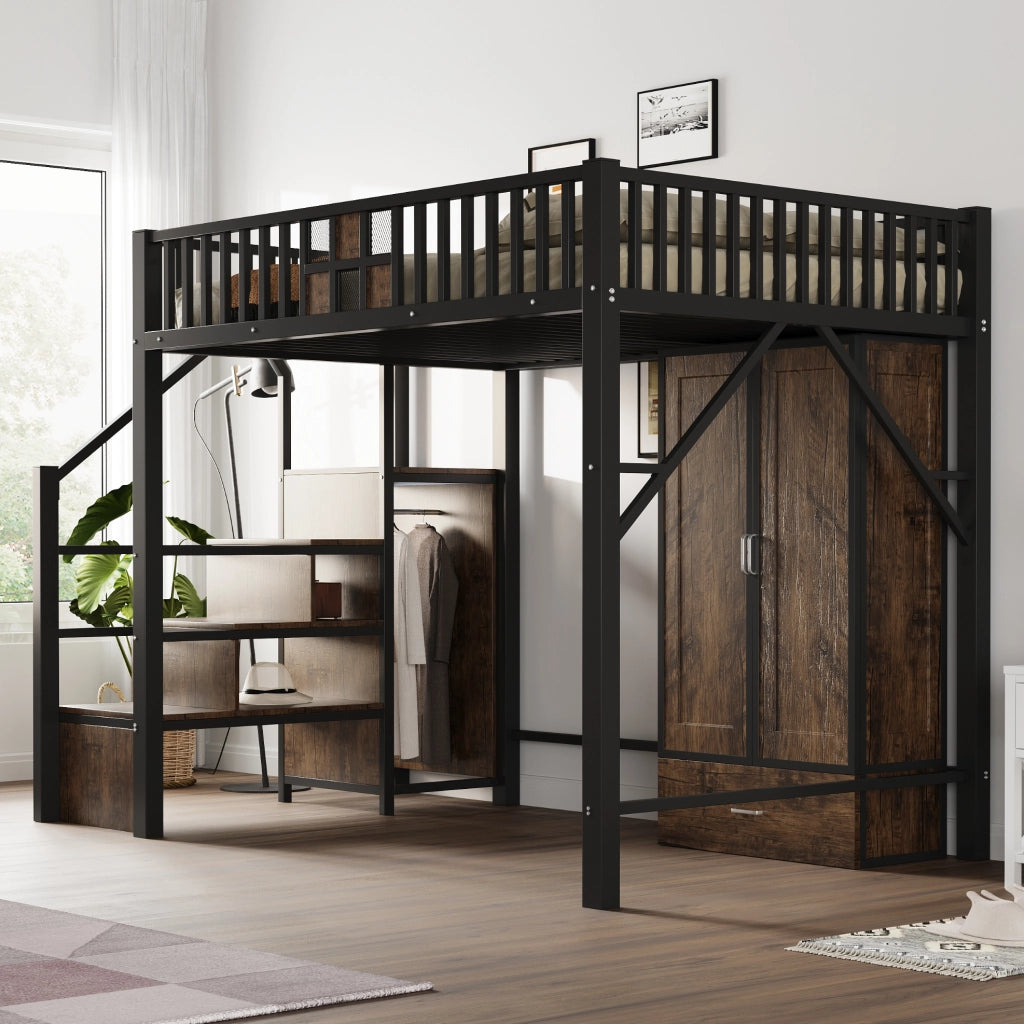 Letto a soppalco 140x200 cm in metallo e legno; nero; con armadio e scala contenitore