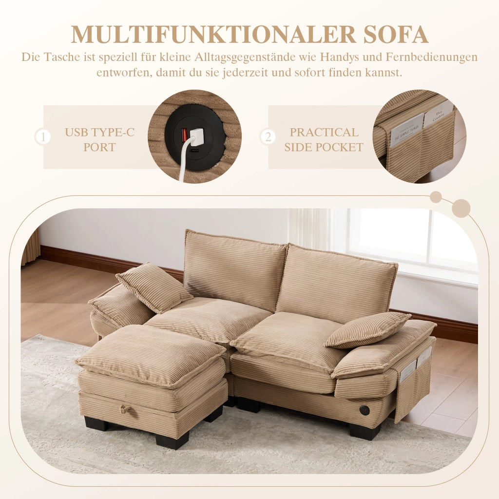 Divano 2 Posti con Pouf, USB-C e Tasche laterali, in Corduroy, Khaki