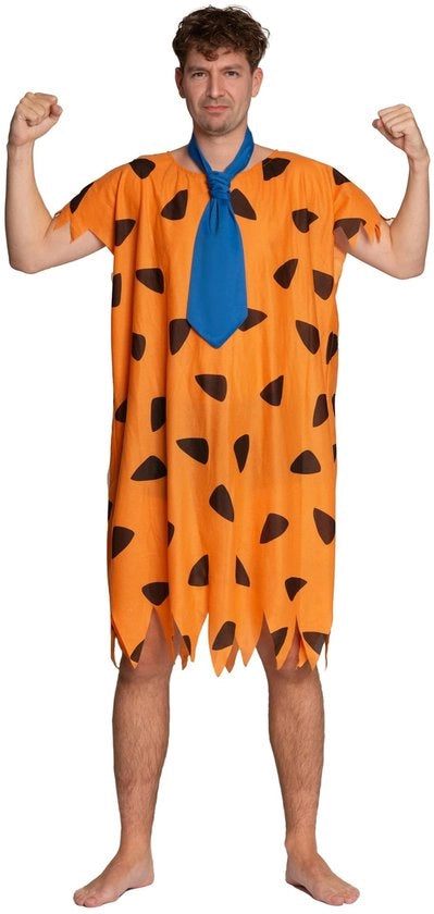 Costume per cacciatori di caverne preistorici - tunica arancione con macchie marroni - cravatta blu - forma di passo libero - costume leggero - abbigliamento da caccia per caverne preistoriche