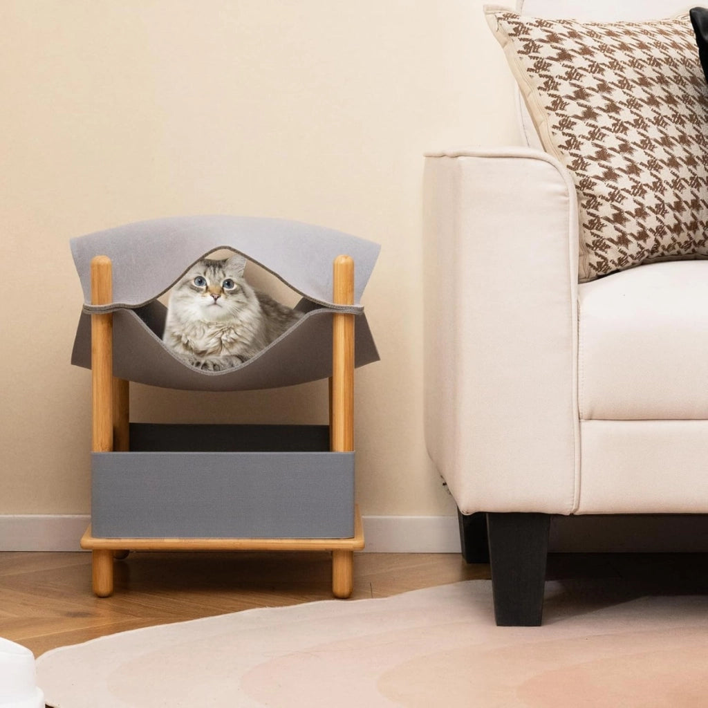 Casetta per gatti a 2 piani in legno e spazio di archiviazione-Casetta per gatti per gatti con condo semi-aperto Naturale + Grigio