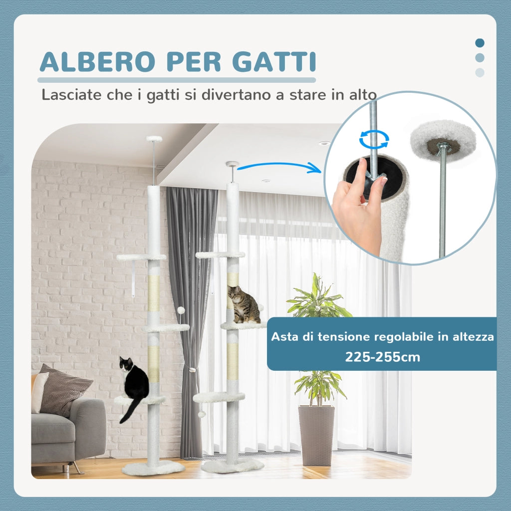 Albero Tiragraffi per Gatti a Soffitto 48x32x225-255 cm Pali con Corda in Cotone Bianco
