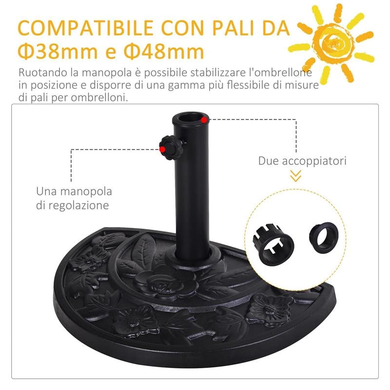 BASE PER OMBRELLONE A MEZZALUNA DA 3.8 E 4.8 MM IN RESINA CON MANOVELLA 50X31X32 CM NERO