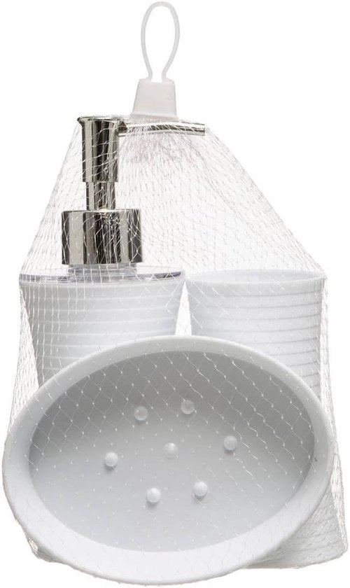 Set di 3 accessori da bagno - dispenser, bicchiere e contenitore per sapone - bianco