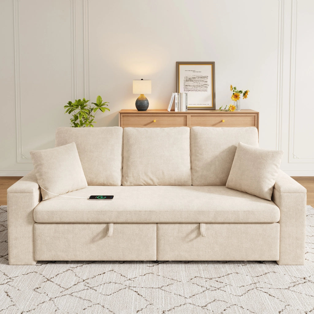 Divano letto modulare a 3 posti con funzione letto, porta USB e Type-C, vani contenitore, in chenille beige