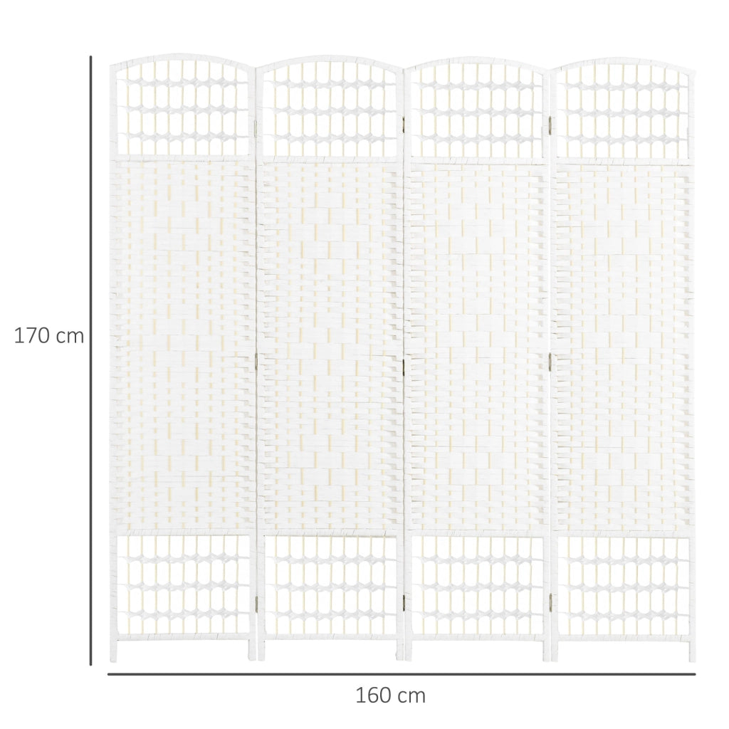 Paravento a 4 Ante Pieghevole 160x170 cm Autoportante e Intrecciato per Interni Bianco