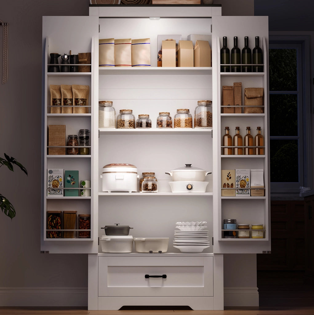 Armadio dispensa da cucina 80x35x183 cm con 2 ante e cassetto in MDF bianco
