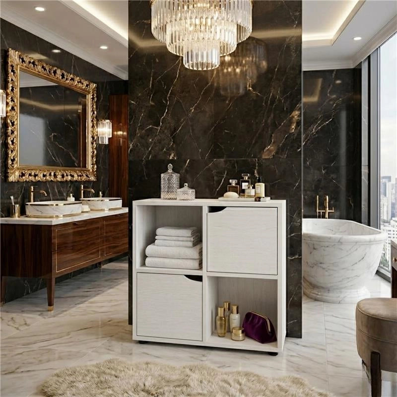 LIBRERIA CUBICA IN LEGNO BIANCO MODERNA CON 4 RIPIANI 2 CON ANTE DIMENSIONI 60X30X63 CM