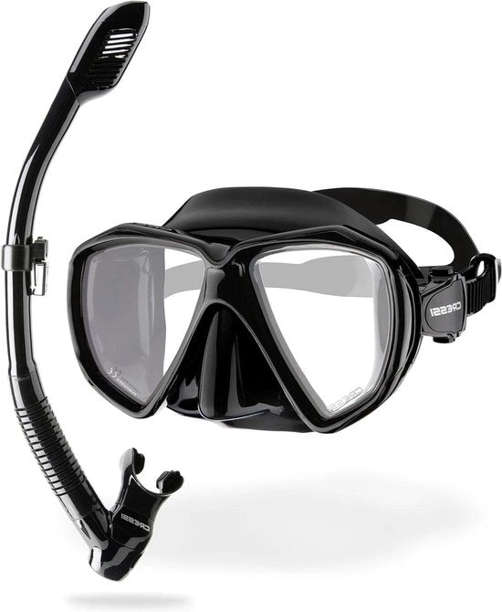Snorkelset con maschera e snorkel anti-condensanti, impermeabili, con vetro resistente, 3 canali Dry snorkel, per adulti, nero.