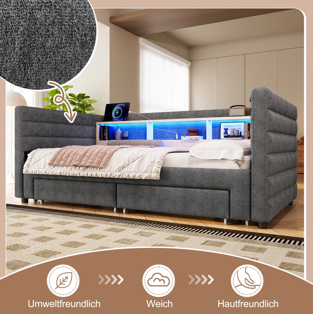 Letto estraibile in velluto con LED e vani contenitore