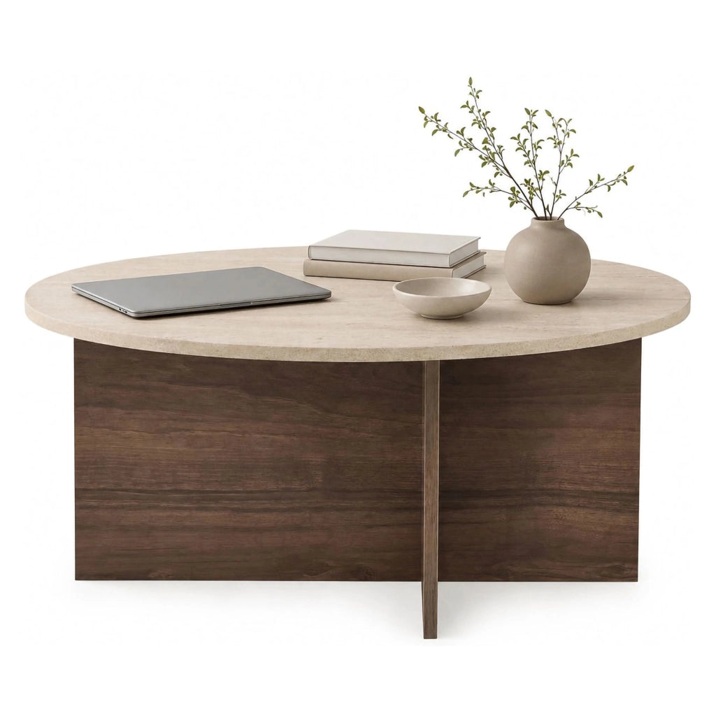 Simbario, Tavolino da Salotto Forma Ovale, 90x90x40h cm Marrone Noce