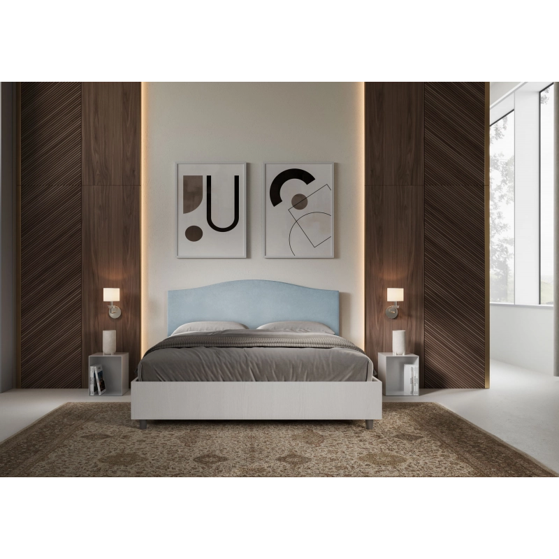 Letto Matrimoniale 160x190 cm struttura bianco frassino testata Grace - Contenitore,Microfibra,Azzurro