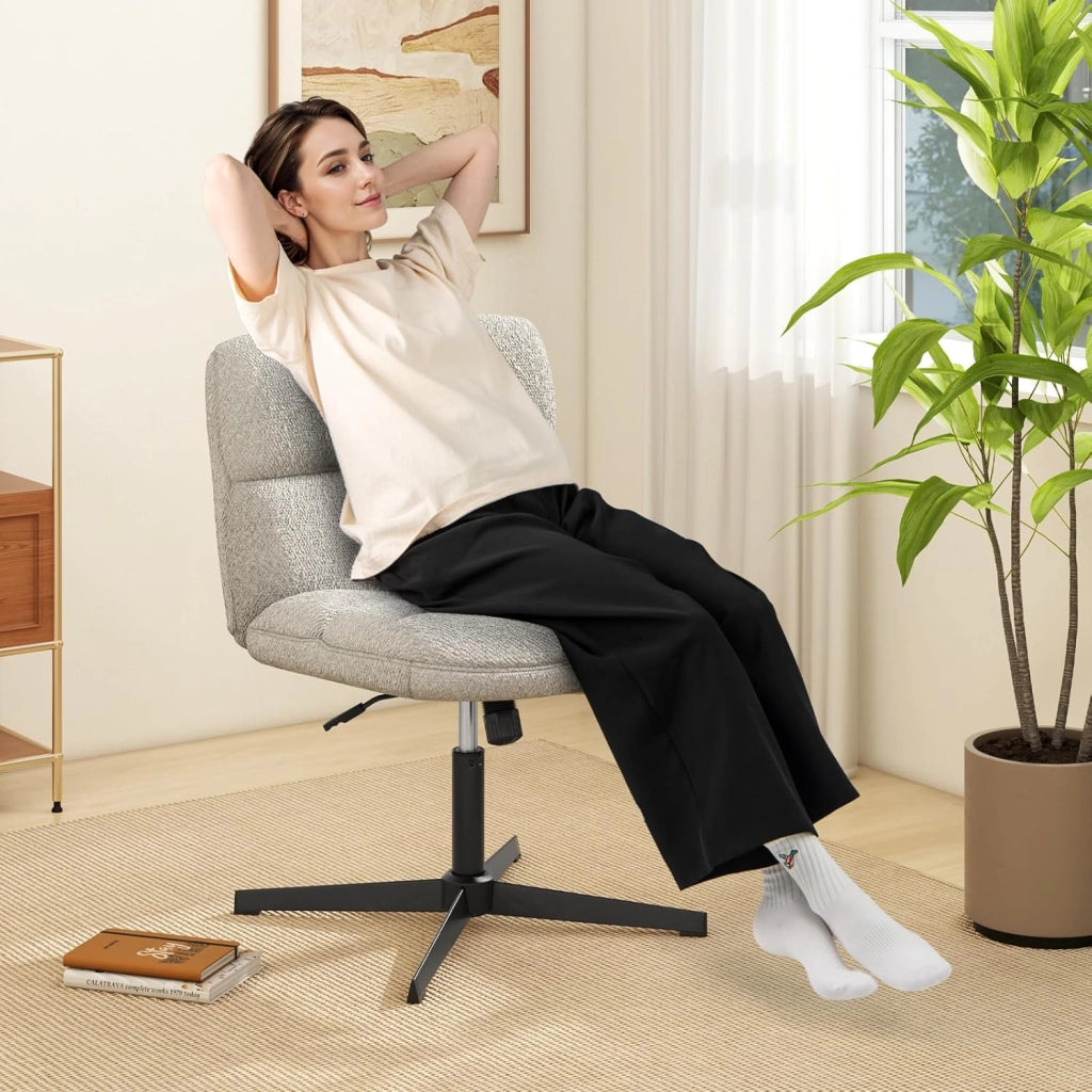 Sedia da Ufficio senza Braccioli, Sedia da Scrivania a Gambe Incrociate con Altezza Regolabile, Rotazione a 360°, Tessuto Morbido, Ampia Seduta Imbottita, Portata 160 kg (Grigio)