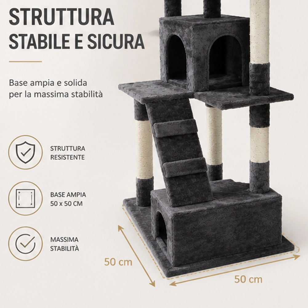Tiragraffi per Gatti Albero Sisal Parco Giochi Gatto Tira Graffi Alto 170cm Grey