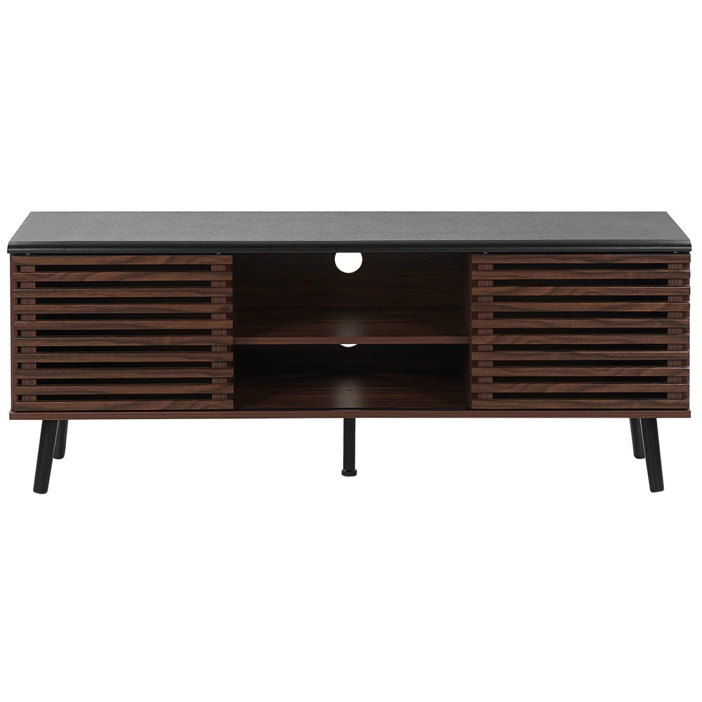Mobile TV con finitura in legno scuro fino a 63ʺ Mobile TV con ante scorrevoli a doghe