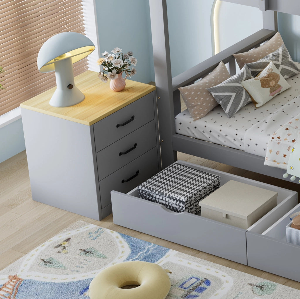 LETTO A CASTELLO 90x200 cm Legno Grigio con Cassetti e Comodino