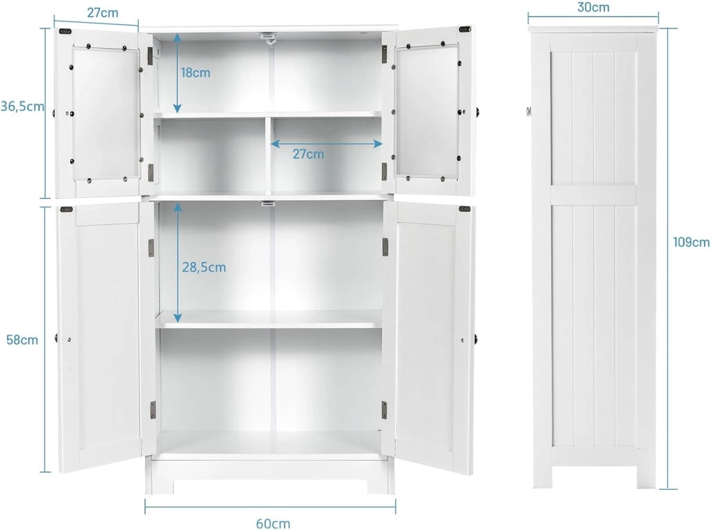 Colonna da Bagno con 2 Armadio a Porta, Mobile da Bagno con 1 Ripiano Regolabile, Armadio per Soggiorno, WC, Camera da Letto, Cucina, 60 x 30 x 109 cm, Bianco