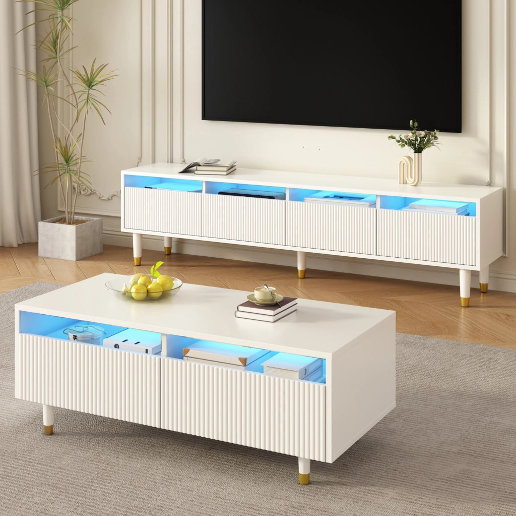 mobile TV 178x35x45 cm bianco con LED e vani contenitori, set di 2 pezzi