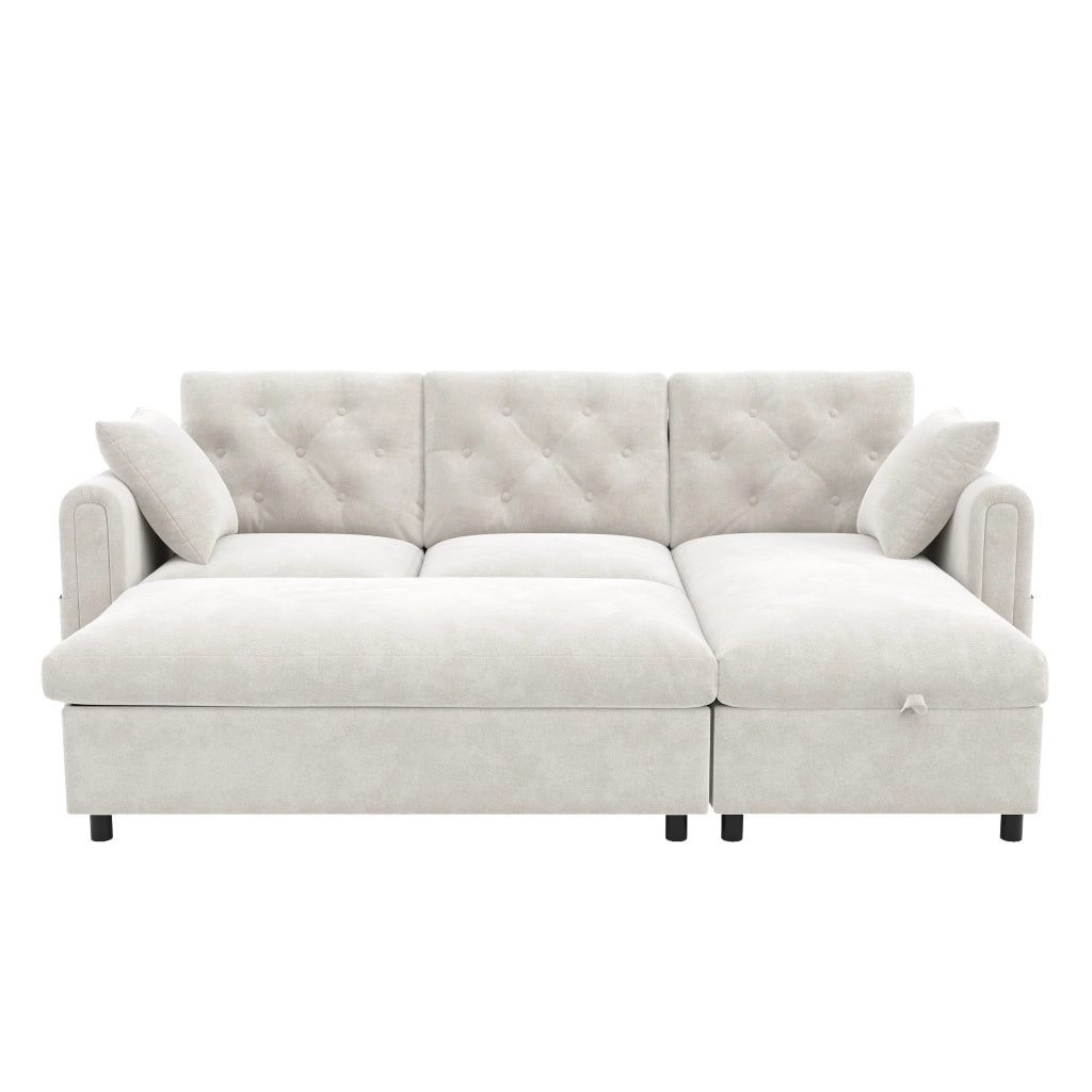 Divano angolare con chaise longue e pouf contenitore - in velluto beige 219 × 131 × 86 cm