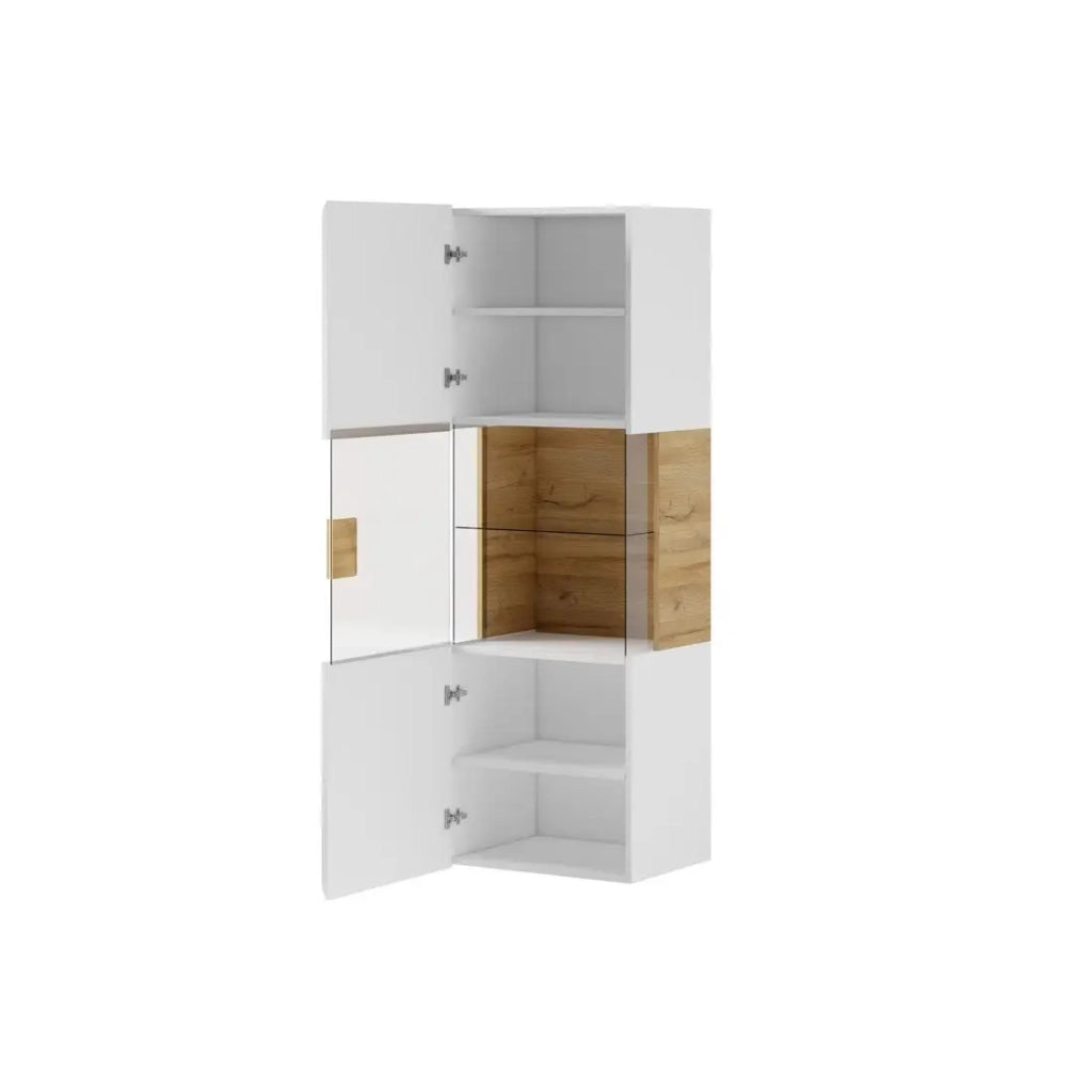 Vetrina sospesa collezione OHIO, colore bianco e finiture in rovere.
