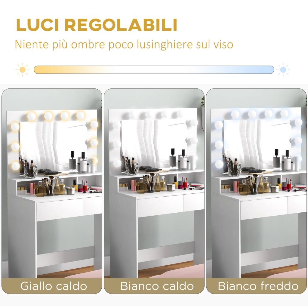 Tavolo da Trucco con Specchio e Luci LED, Cassetti ¨C zephmum ¨C Bianco, 80x40x135 cm