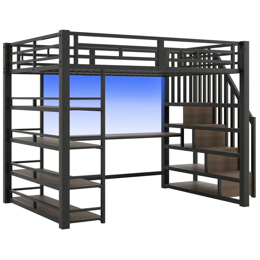 Letto a soppalco 140x200 cm in metallo nero con scrivania; scala contenitore; LED e scaffale a 4 ripiani