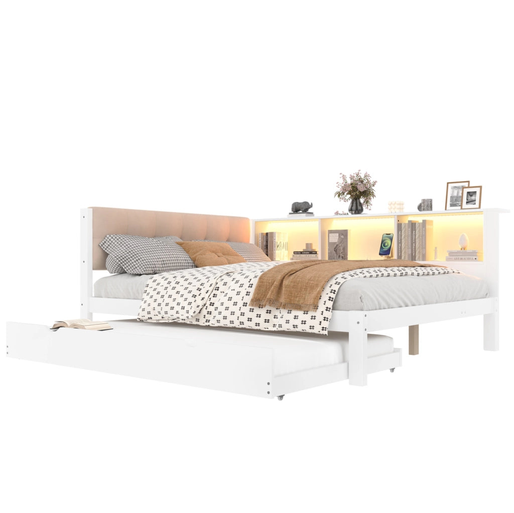 Letto estraibile 140x200 cm con LED; USB e ripiani in legno di pino e MDF bianco