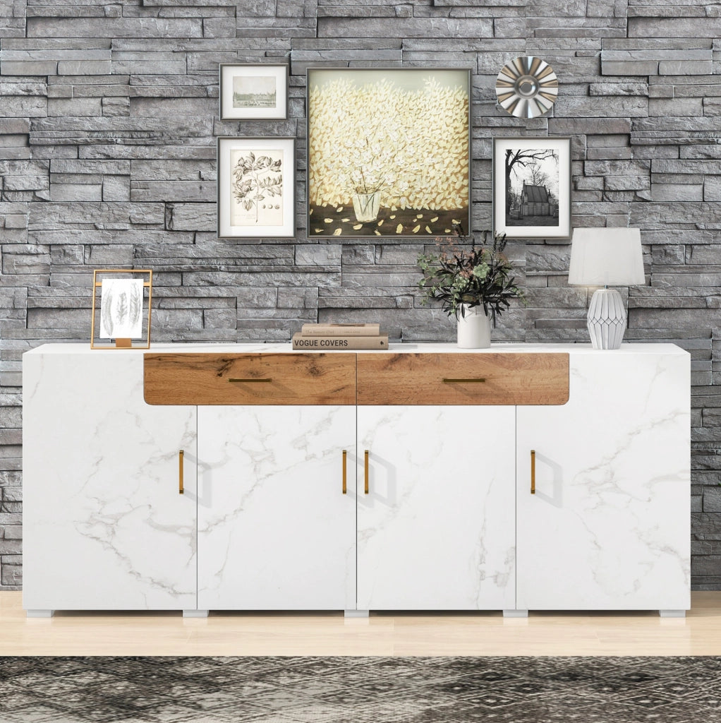 Credenza moderna bianco marmorizzato 208 x 39;5 x 80 cm con 4 ante e 2 cassetti