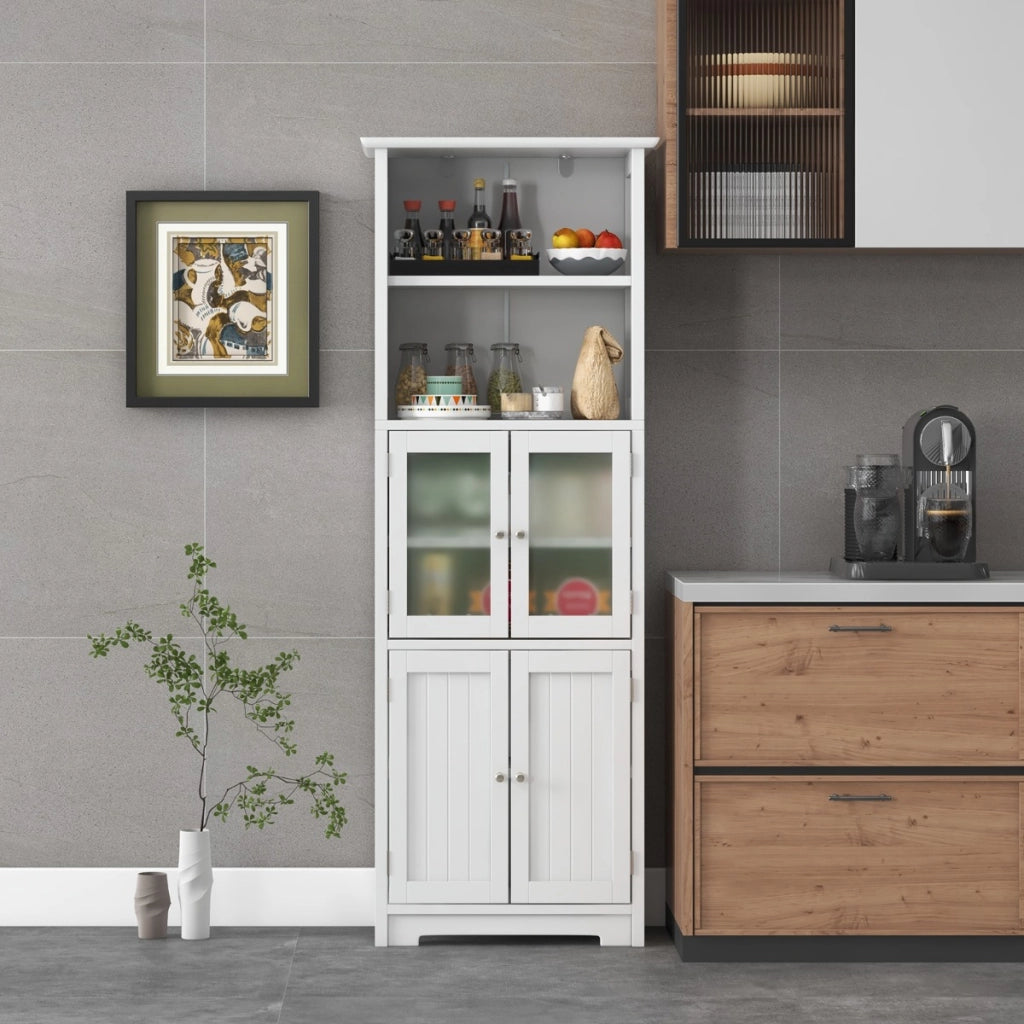 Armadio 163cm con 2 armadietti scomparti aperti ripiani regolabili ante in vetro-Buffet Organizzatore da pavimento Bianco
