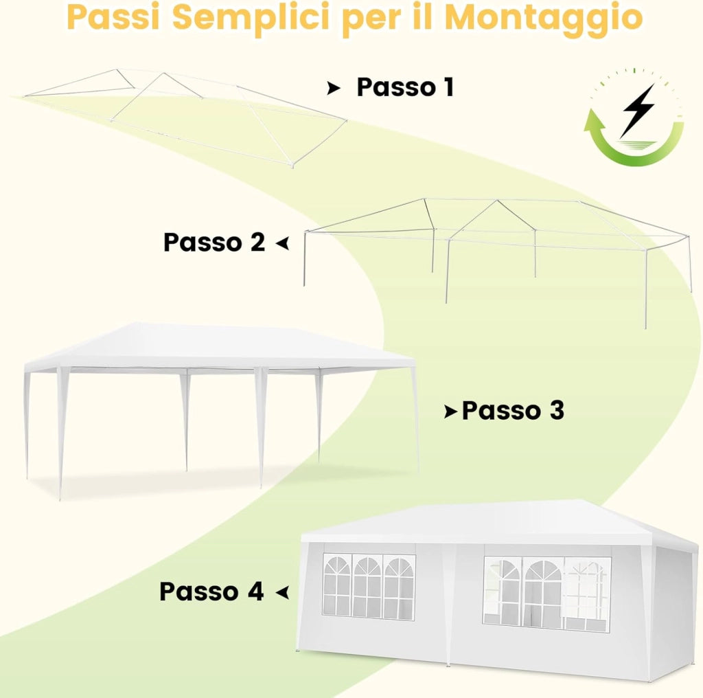 Gazebo da Giardino 3 x 6 m, Tendone per Feste con 4 Tende Laterali Rimovibili e 2 Porte con Cerniera, Con Borsa di Trasporto, Impermeabile Protezione UV