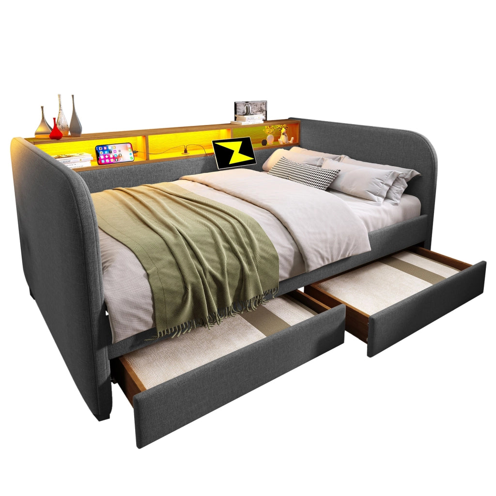 Divano letto imbottito con LED e USB 140x190 cm colore grigio lino