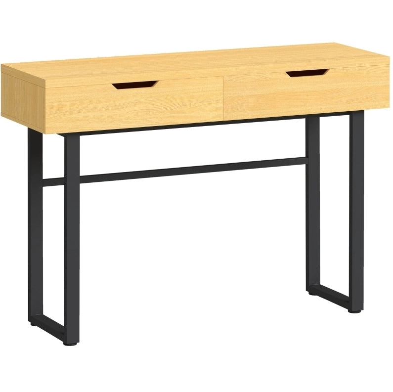 Tavolo consolle stretto con 2 cassetti in legno e metallo